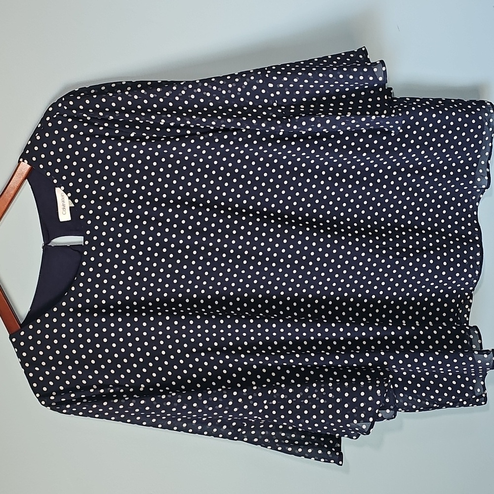Calvin Klein Navy Blue Polka Dot Bell Top, Size XL